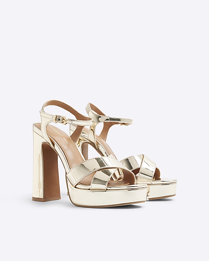 Gold Cross Over Strap Platform Heeled Sandals