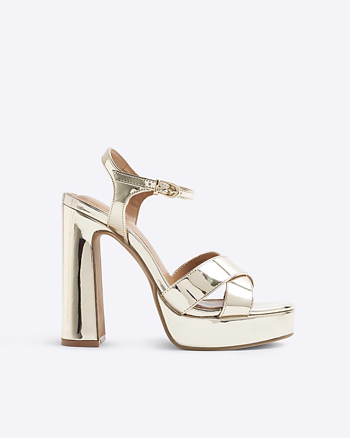 Gold Cross Over Strap Platform Heeled Sandals