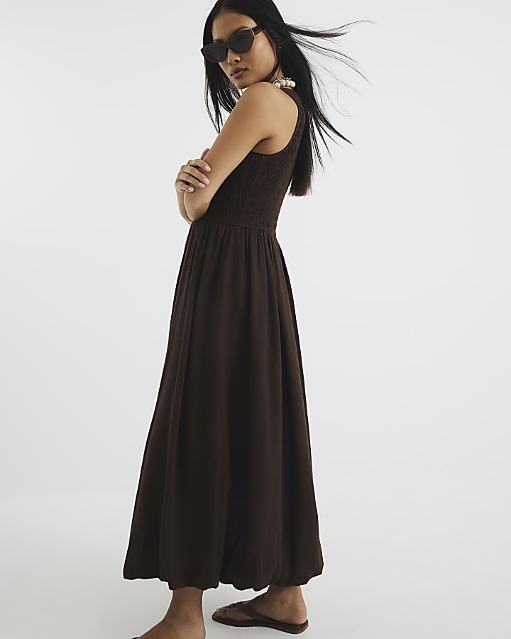 Petite Brown Bubble Hem Midi Dress