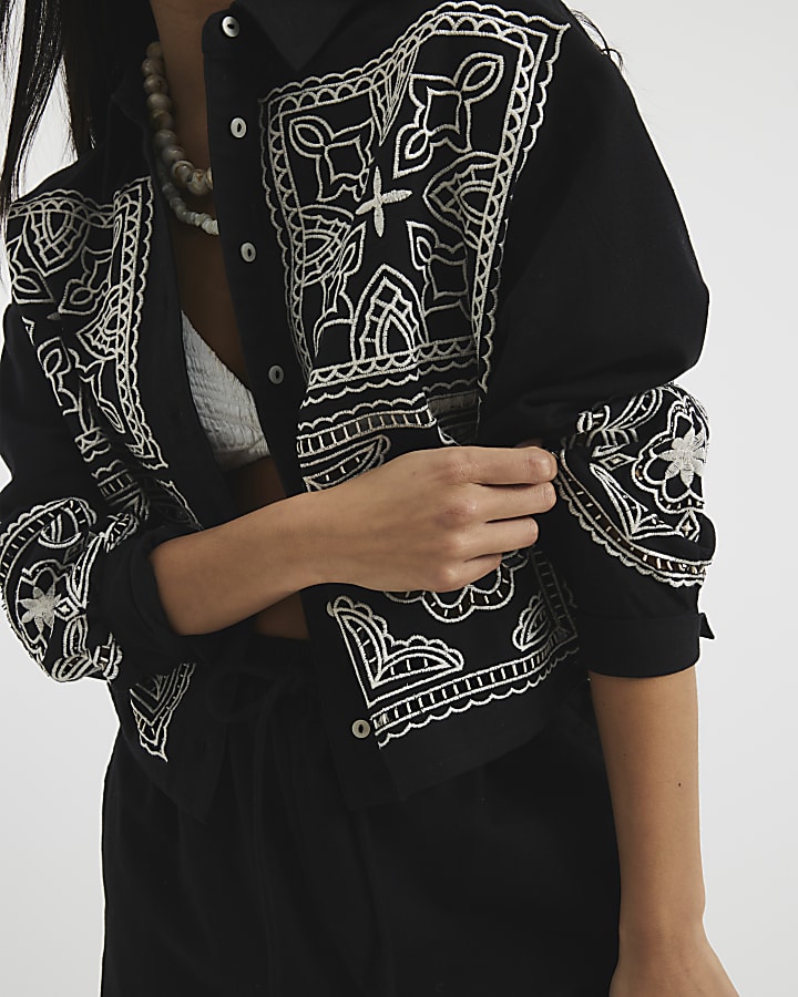 Petite Black Long Sleeve Crochet Patch Shirt