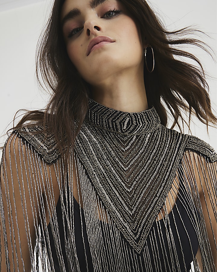 Black Sleeveless Beaded Fringe Cape Top