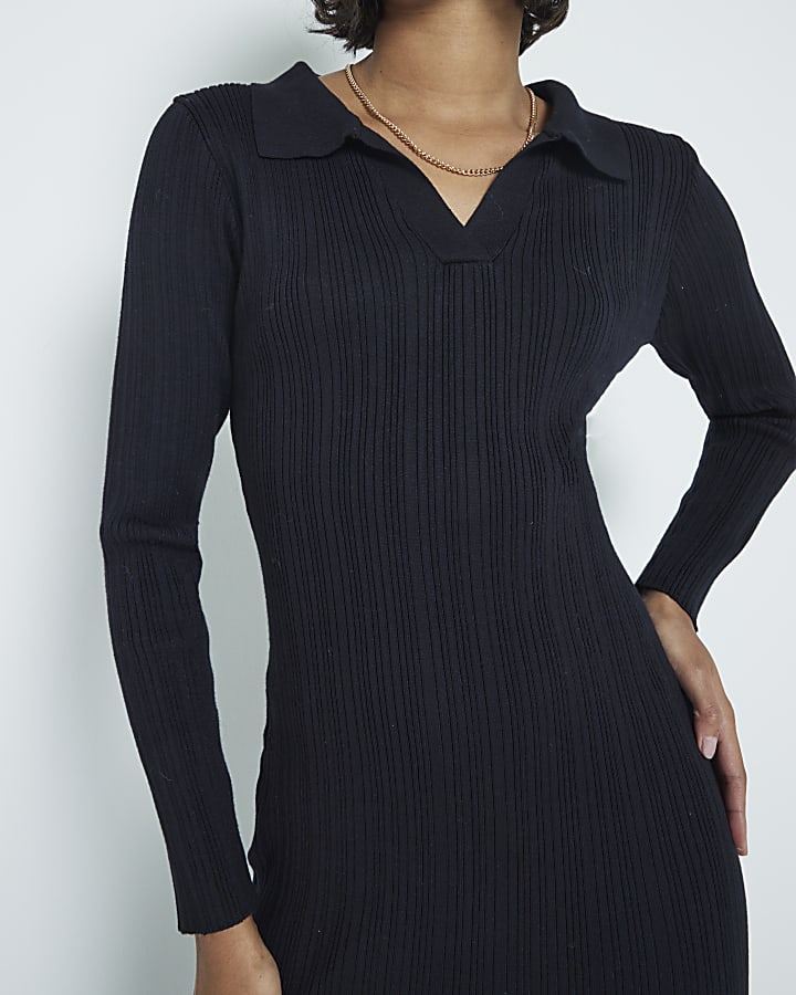 Black Ribbed Polo Midi Bodycon Dress