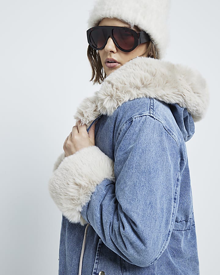 Blue Denim Faux Fur Trim Reversible Coat