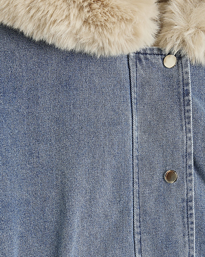 Blue Denim Faux Fur Trim Reversible Coat