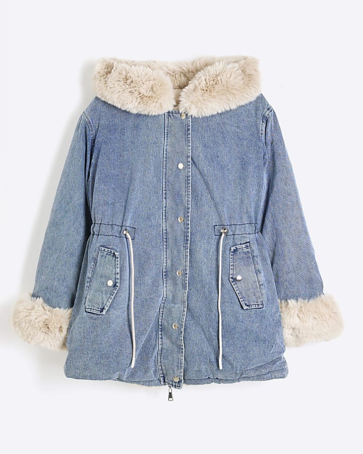 Blue Denim Faux Fur Trim Reversible Coat