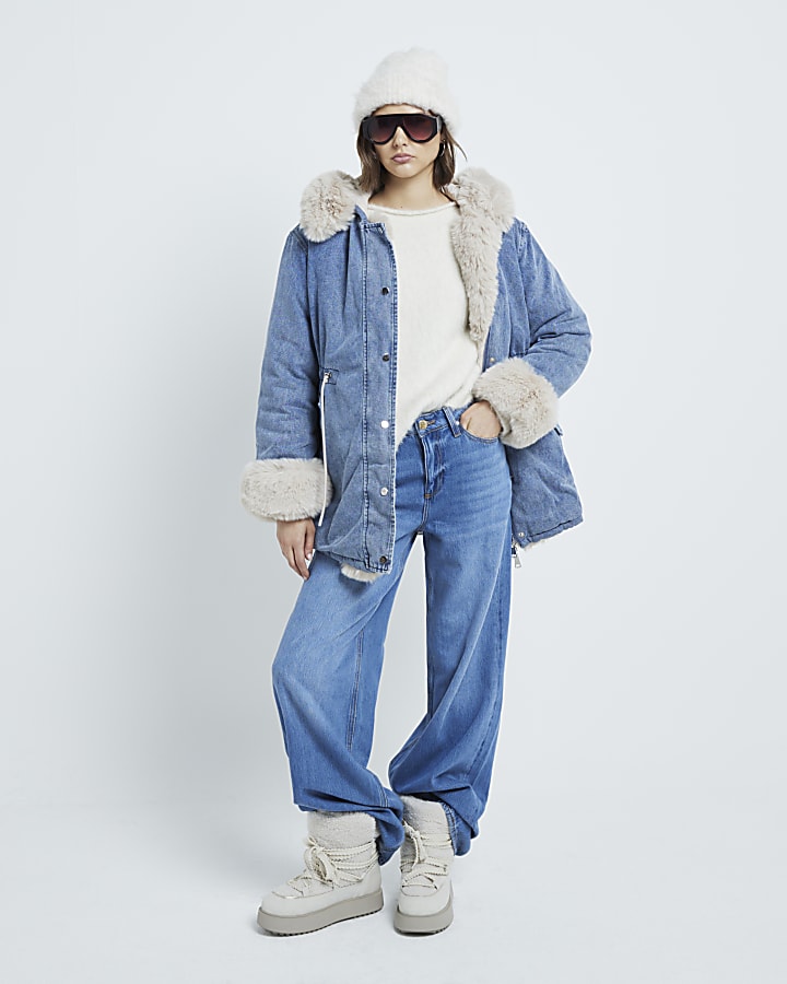 Blue Denim Faux Fur Trim Reversible Coat