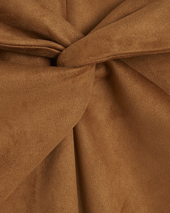 Brown Faux Suede Twist Front Midi Skirt