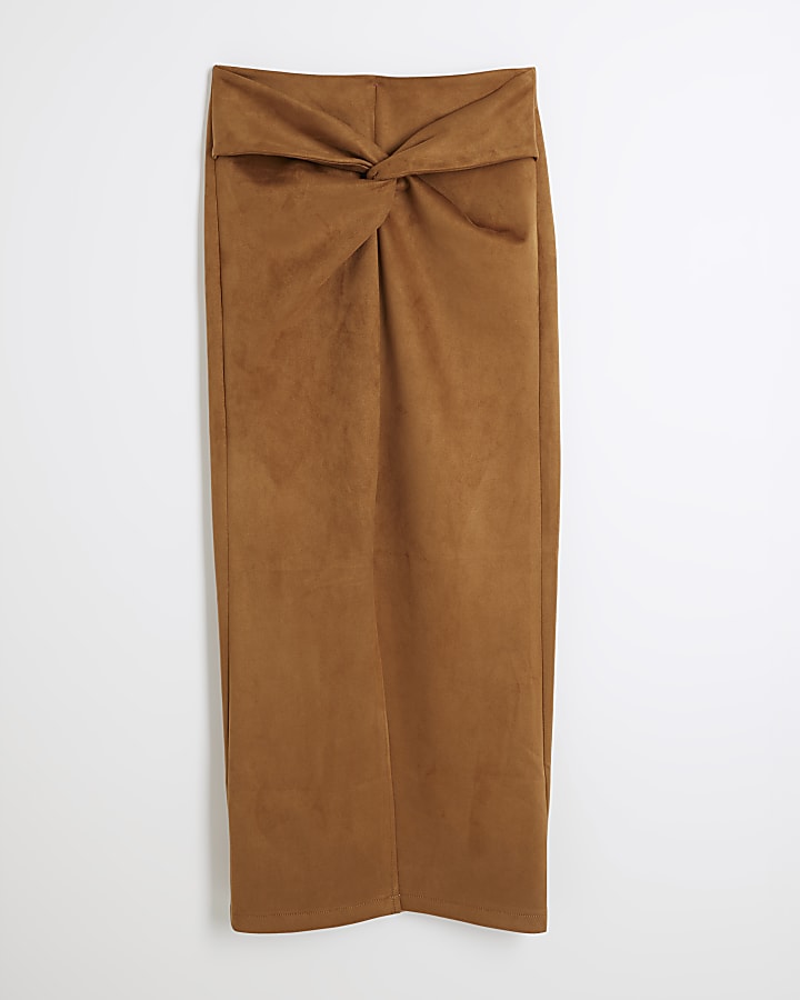 Brown Faux Suede Twist Front Midi Skirt