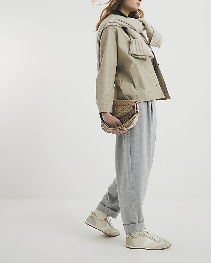 Grey Barrel Leg Pleat Front Trousers