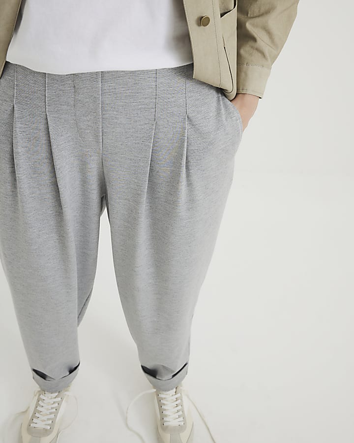 Grey Barrel Leg Pleat Front Trousers