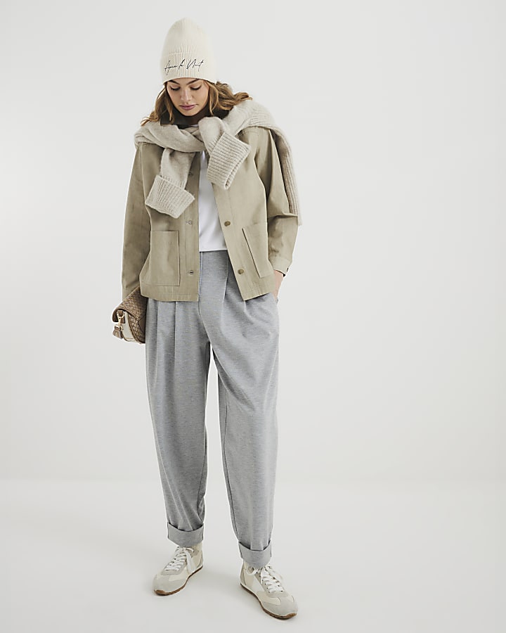 Grey Barrel Leg Pleat Front Trousers