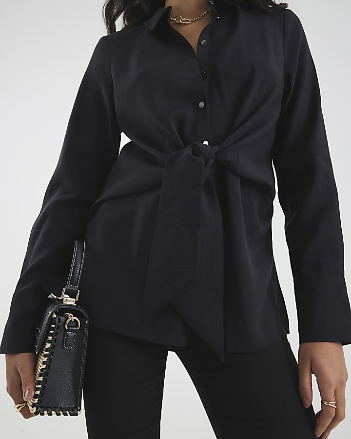 Black Long Sleeve Tie Waist Shirt