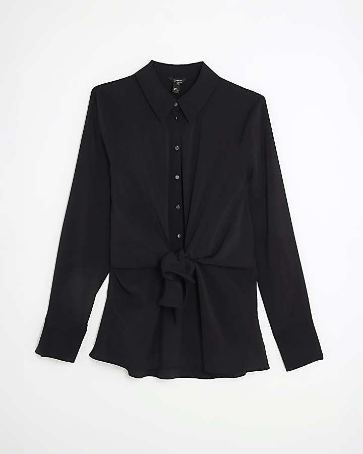 Black Long Sleeve Tie Waist Shirt