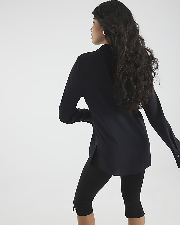 Black Long Sleeve Tie Waist Shirt