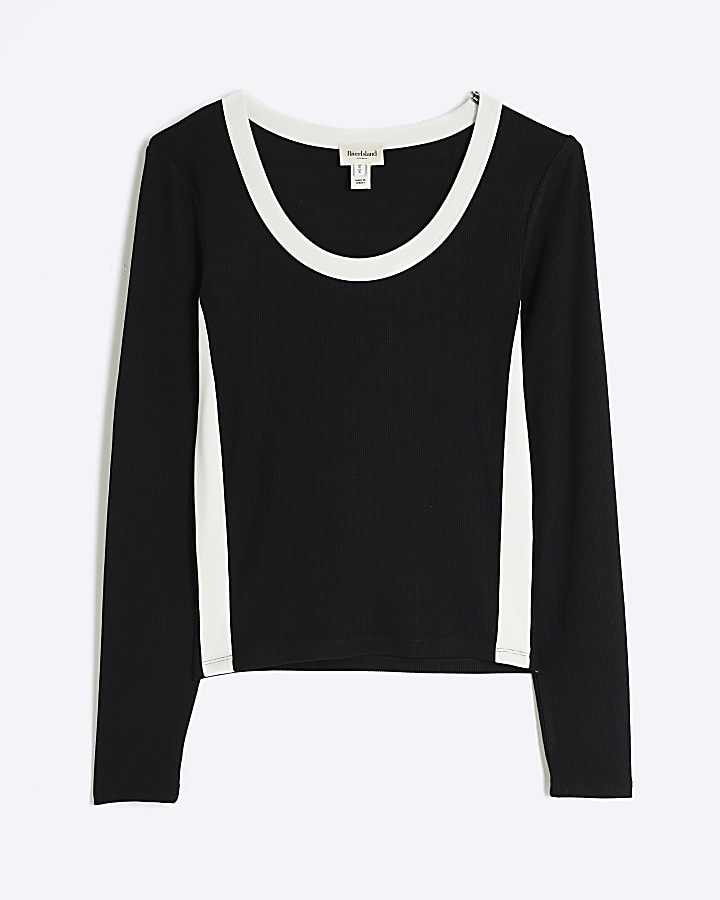 Black Long Sleeve Colour Block Fitted Top