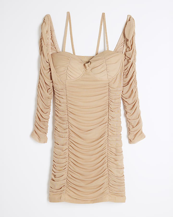 Beige Ruched Bodycon Dress