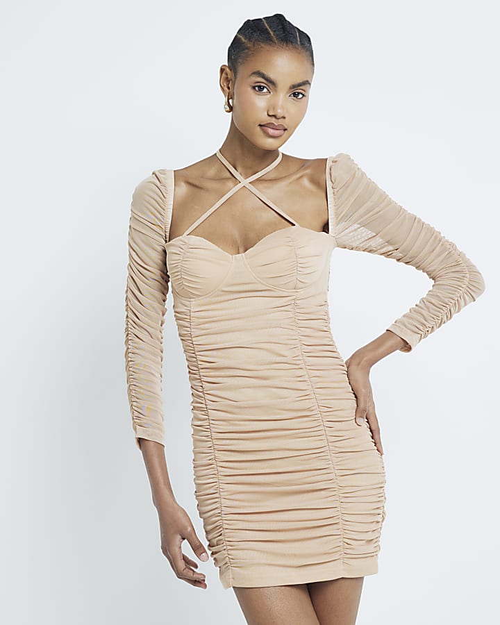 Beige Ruched Bodycon Dress