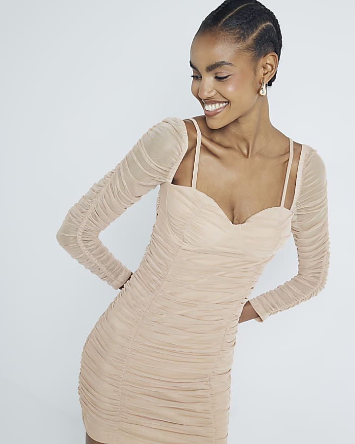 Beige Ruched Bodycon Dress