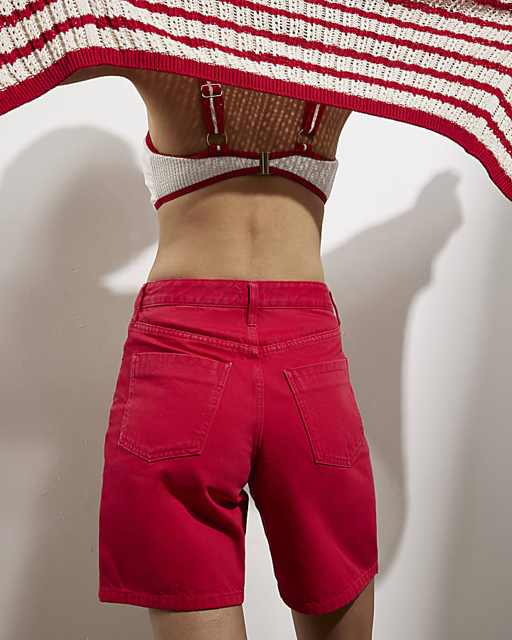 Red Denim Longline Bermuda Shorts