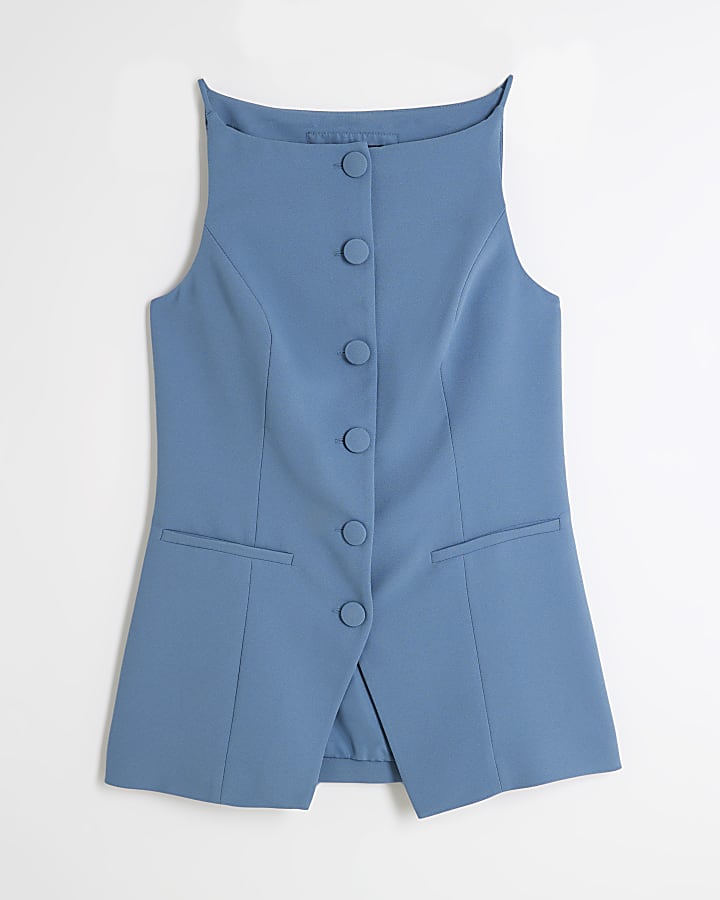 Blue Square Neck Strappy Waistcoat