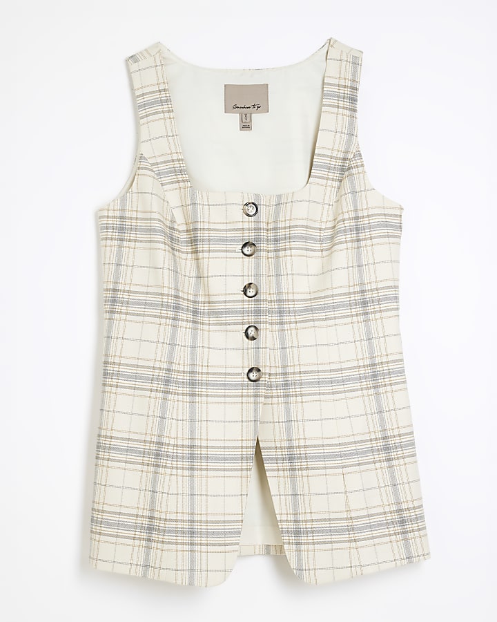 Cream Check Square Neck Waistcoat