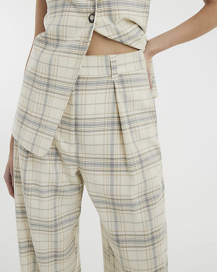 Cream Check Wide Leg Trousers