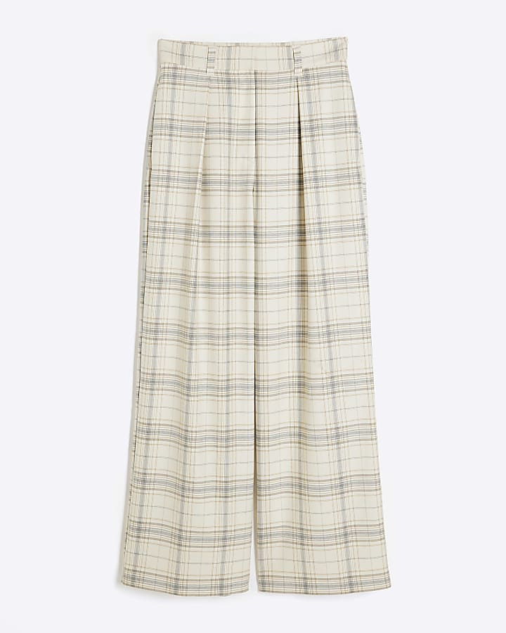 Cream Check Wide Leg Trousers