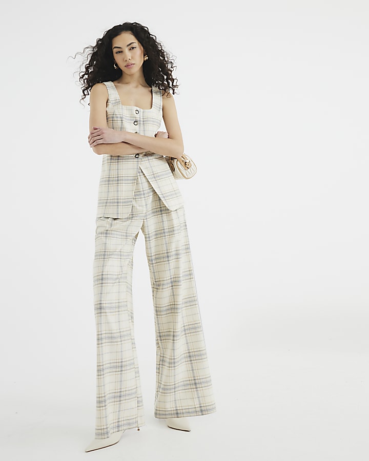 Cream Check Wide Leg Trousers