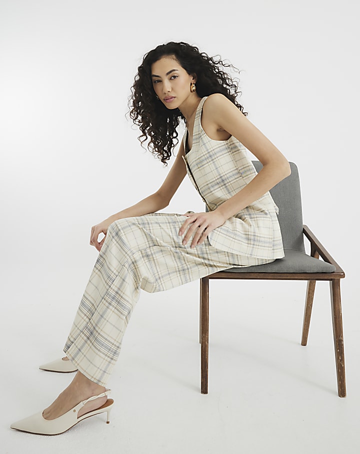 Cream Check Wide Leg Trousers