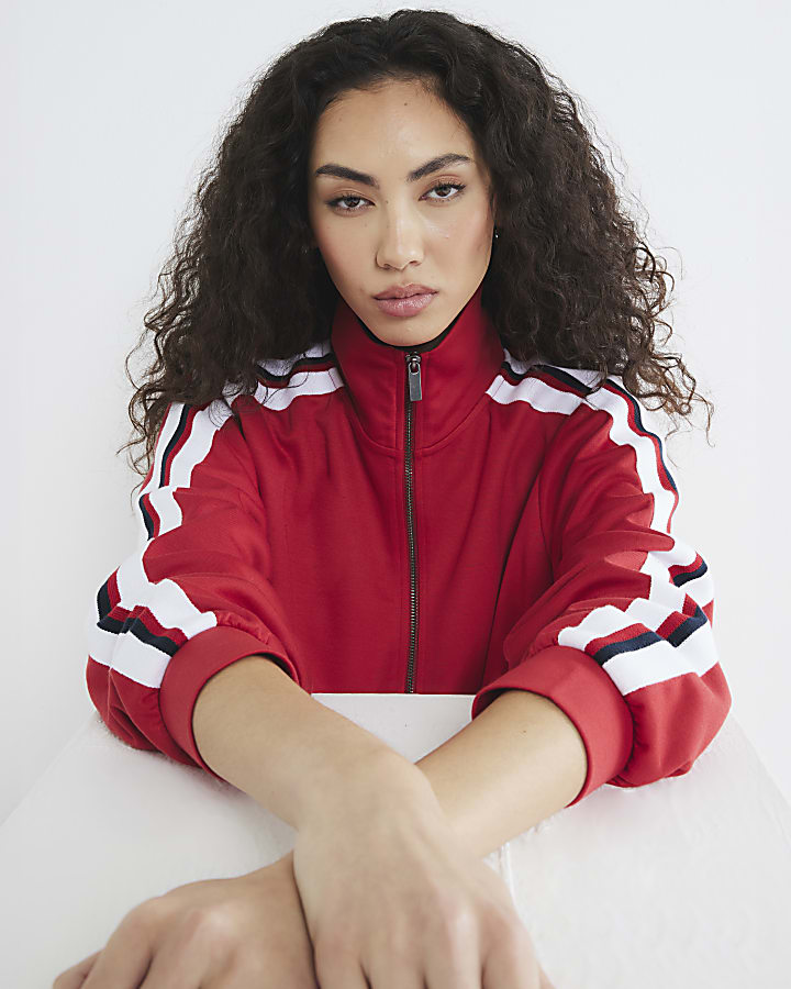 Red Zip Through Side Stripe Jacket | River Island Red Zip Through Side Stripe Jacket | River Island