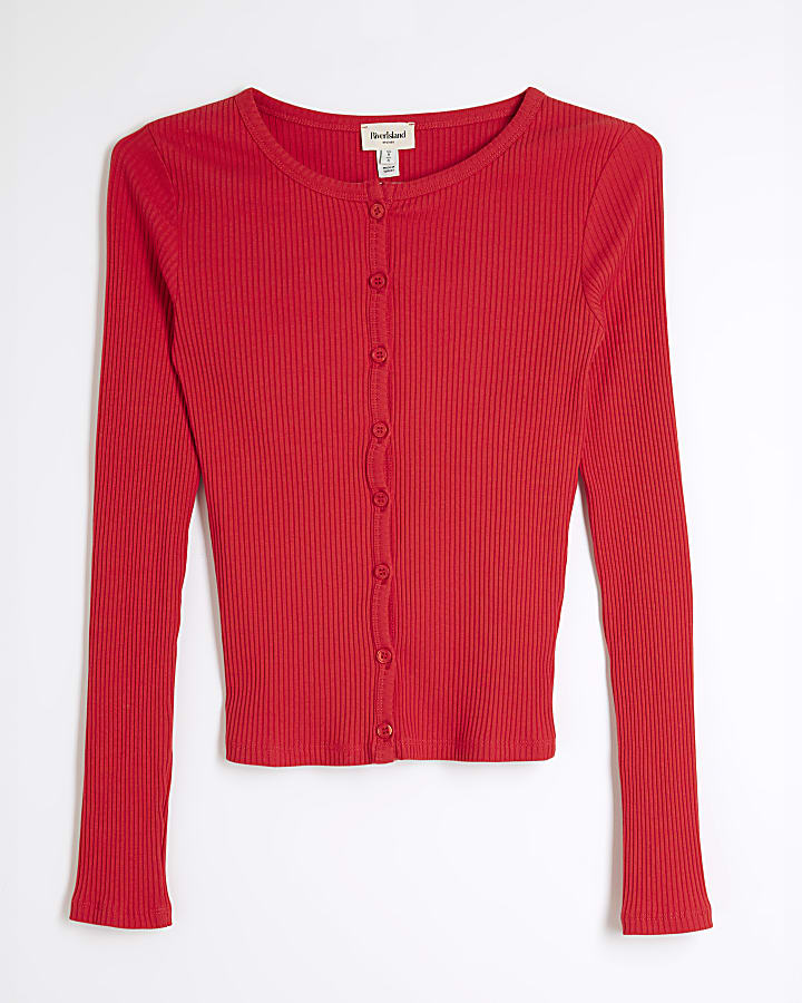 Red Long Sleeve Ribbed Button Cardigan