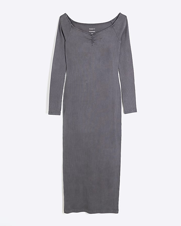 Grey Long Sleeve Sweetheart Midi Dress