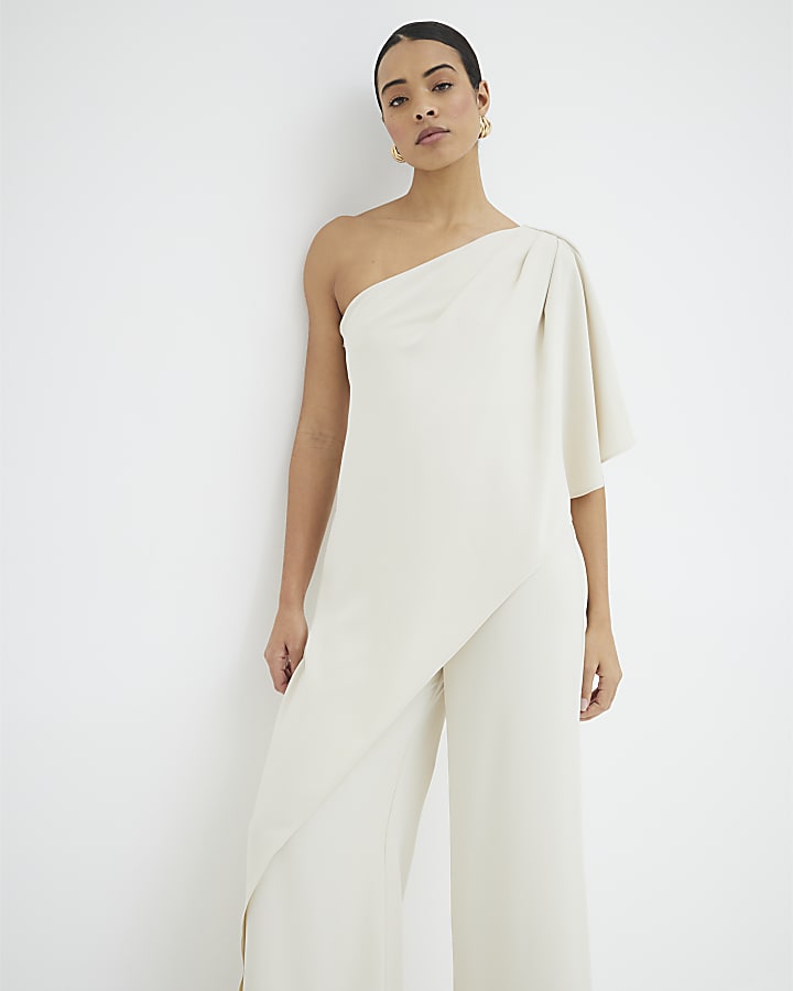 Cream Overlay One Shoulder Jumpsuit