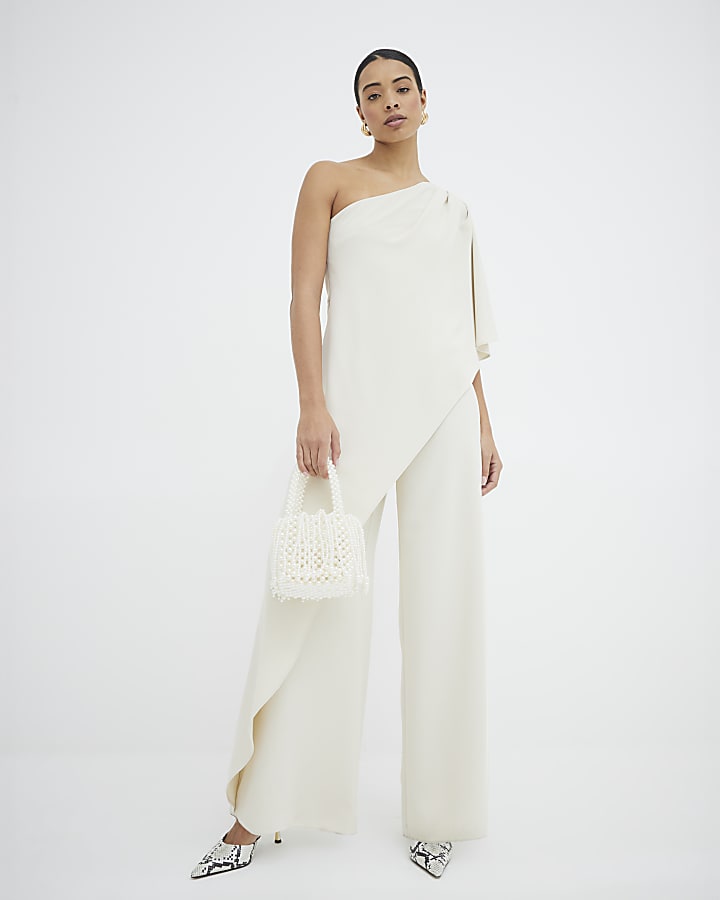 Cream Overlay One Shoulder Jumpsuit