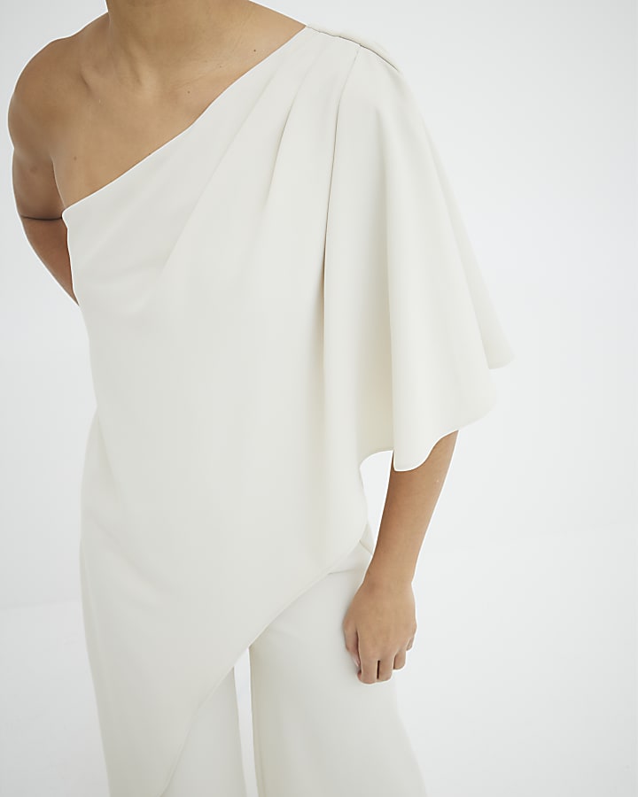 Cream Overlay One Shoulder Jumpsuit