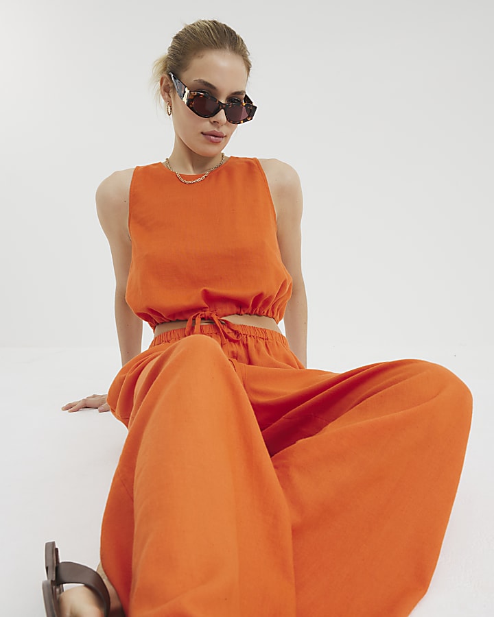 Orange Linen Blend Trousers