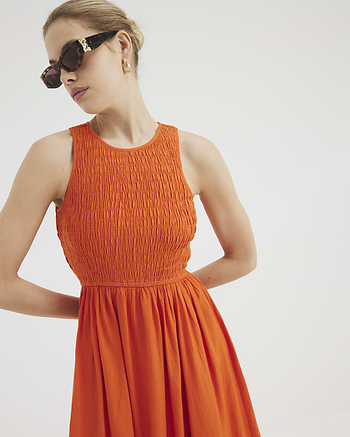 Orange Sleeveless Bubble Hem Racer Midi Dress