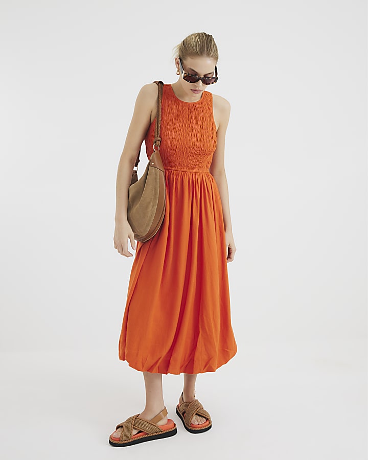 Orange Sleeveless Bubble Hem Racer Midi Dress