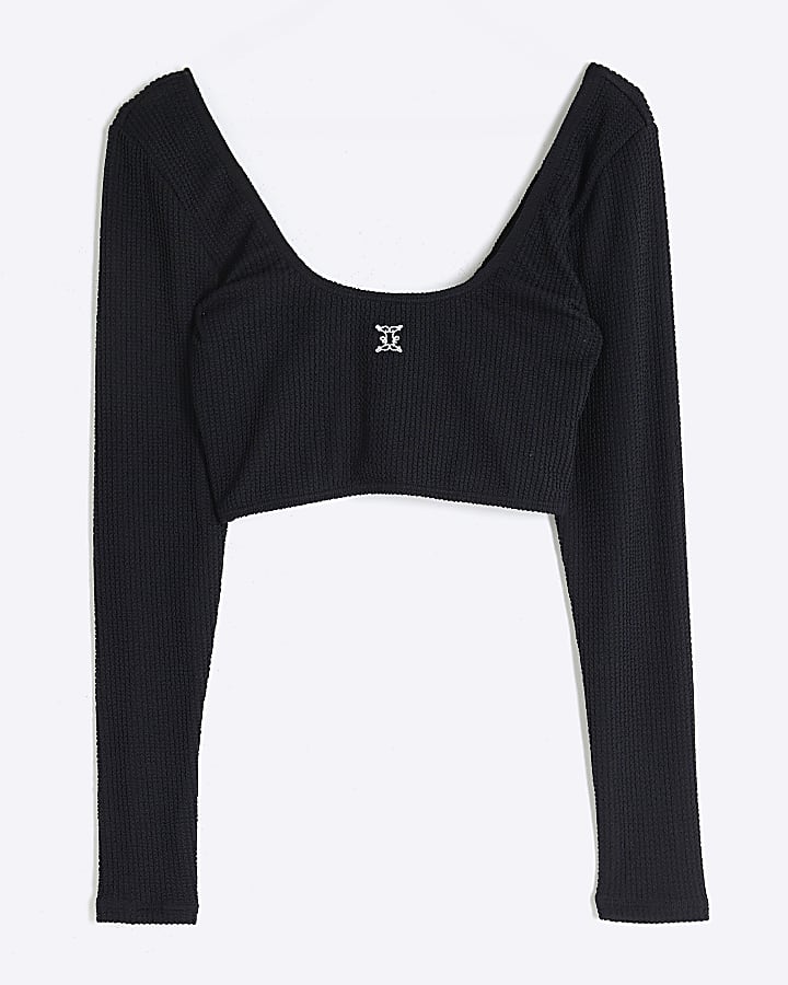 Black Long Sleeve Textured Swim Top