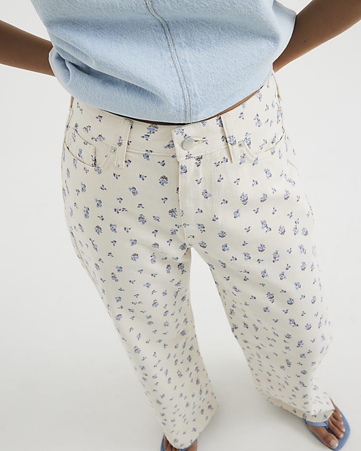 Petite Beige Straight Leg Ditsy Floral Jeans