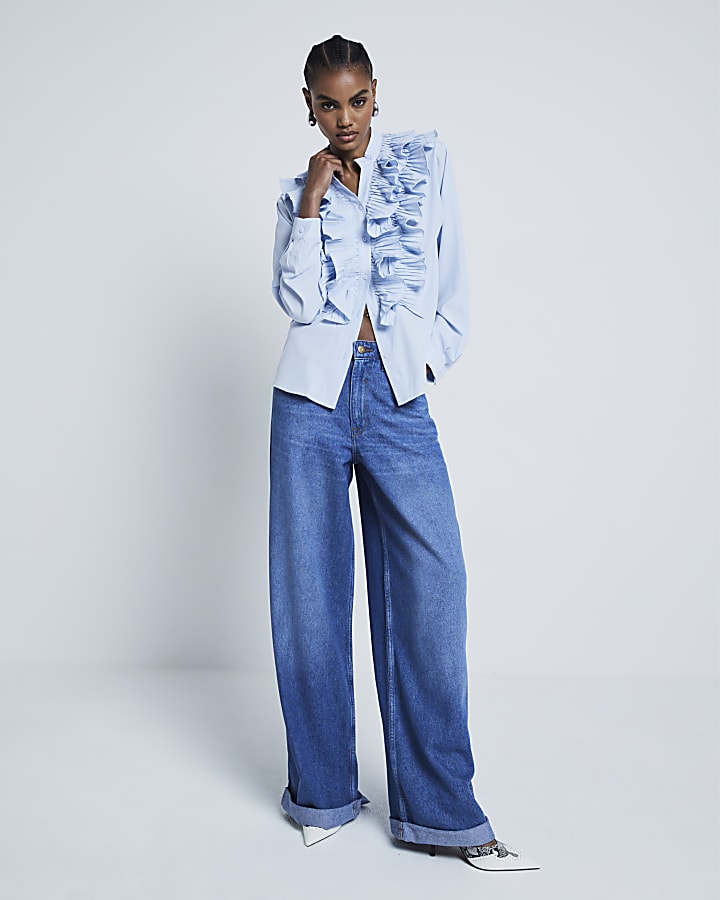 Blue Long Sleeved Ruffled Blouse