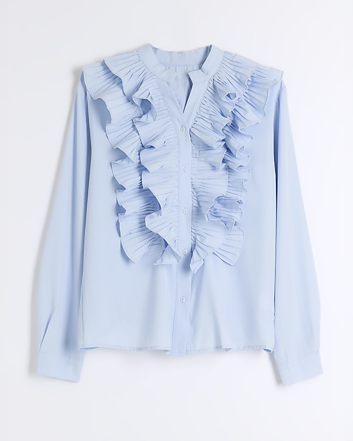 Blue Long Sleeved Ruffled Blouse