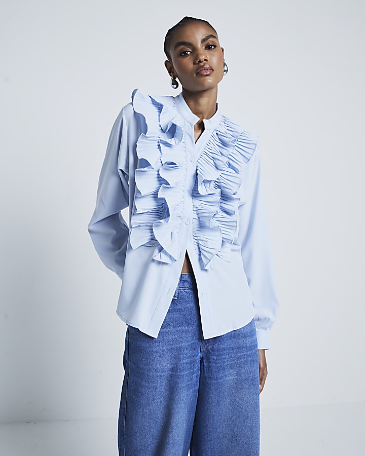 Blue Long Sleeved Ruffled Blouse