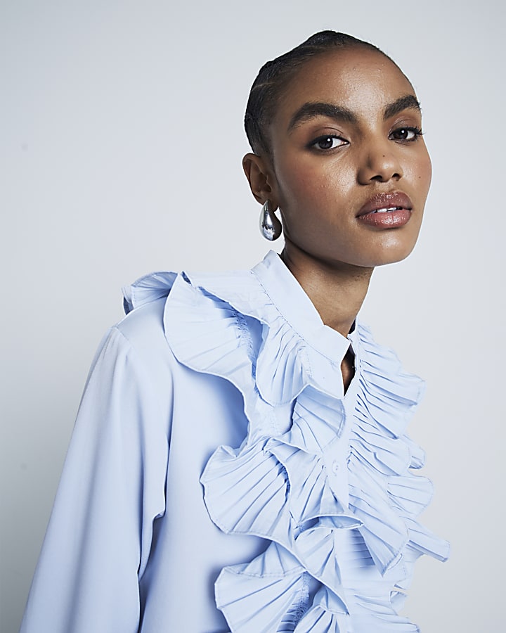 Blue Long Sleeved Ruffled Blouse