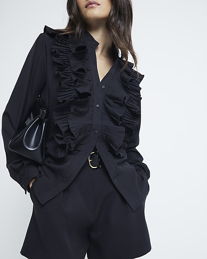 Black ruffle blouse long sleeve online