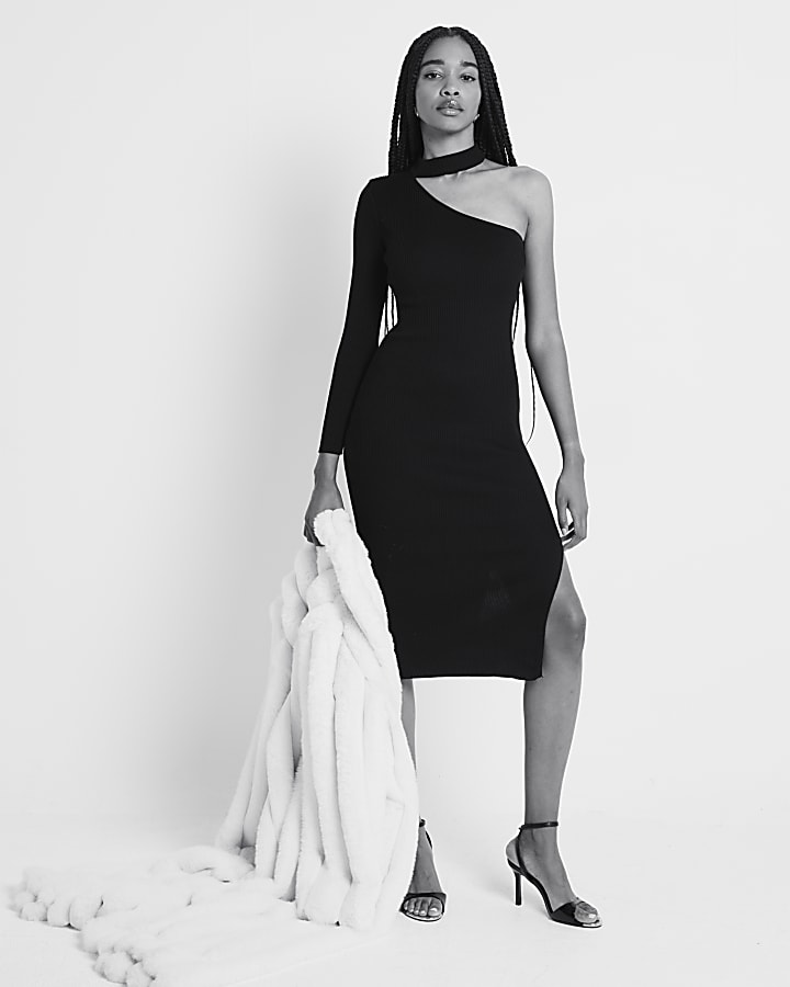 Black Asymmetric Midi Bodycon Dress