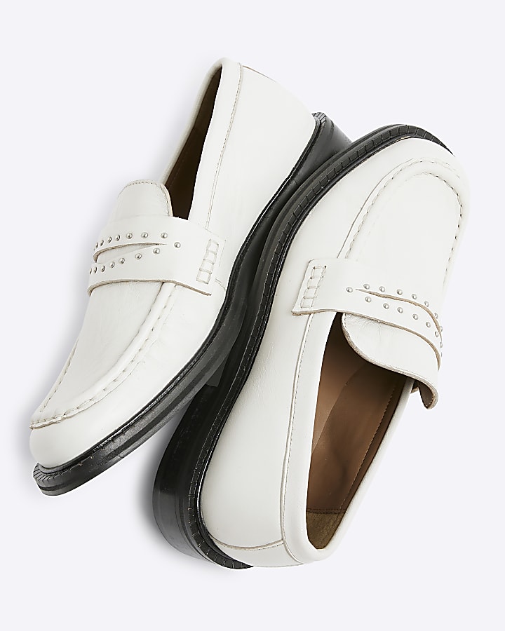 White Leather Studded Loafers