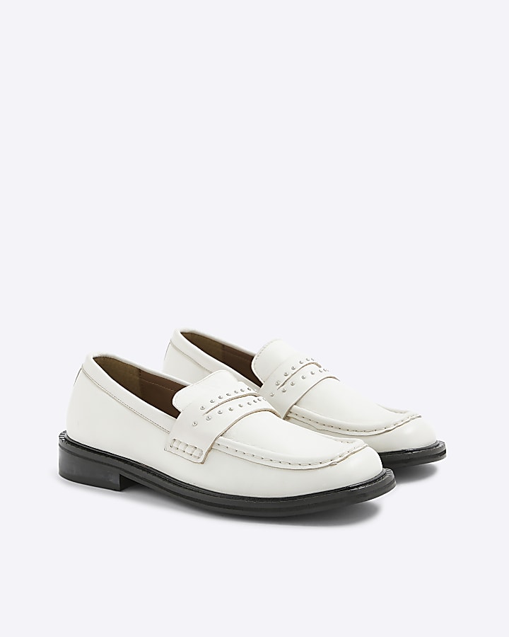 White Leather Studded Loafers