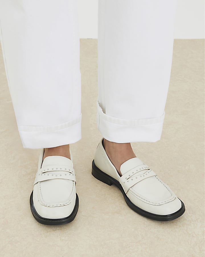White Leather Studded Loafers