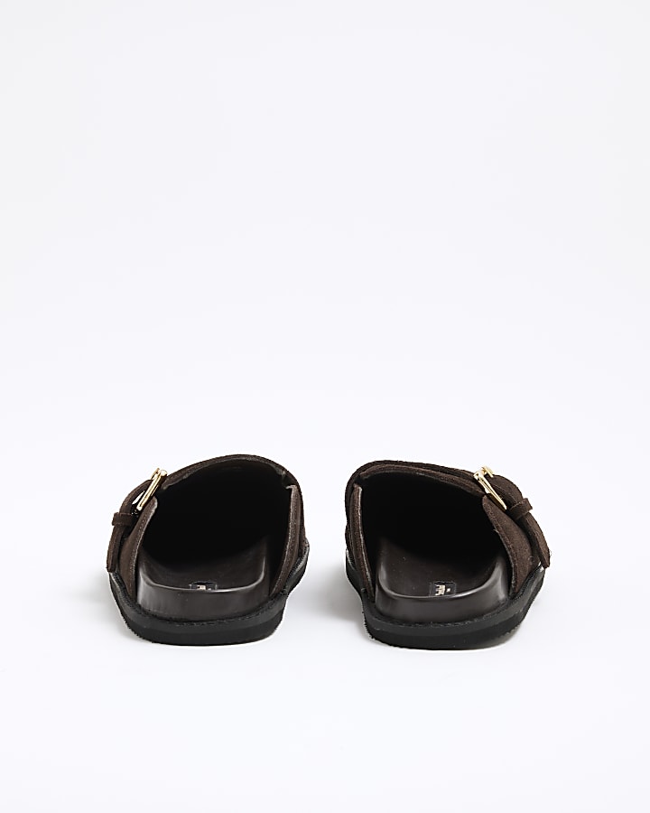 Brown Suede Buckle Clogs